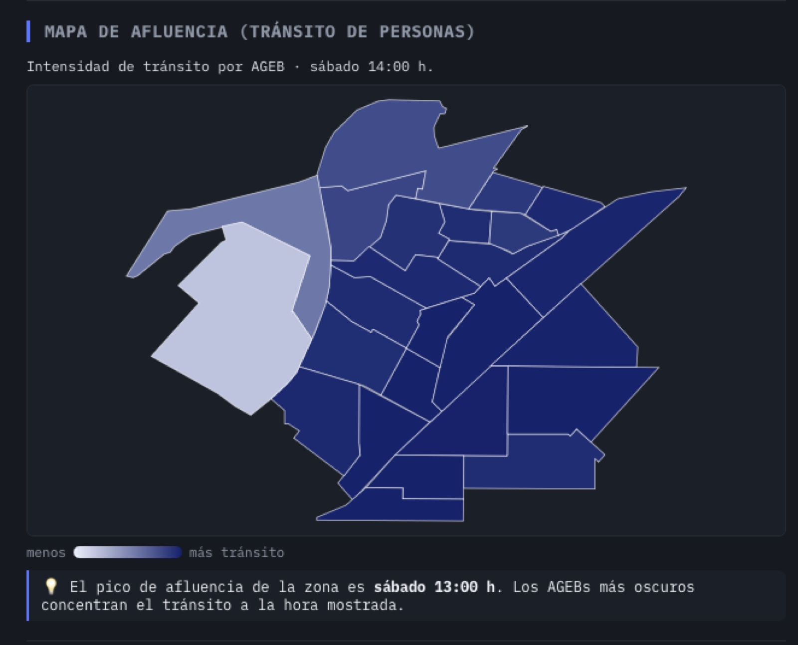 Mapa de afluencia: tránsito de personas por AGEB y hora en zonia